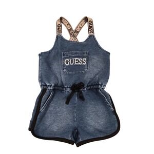 Guess Girls Denim Blue Romper Logo Straps Beaded Pocket Size 3
